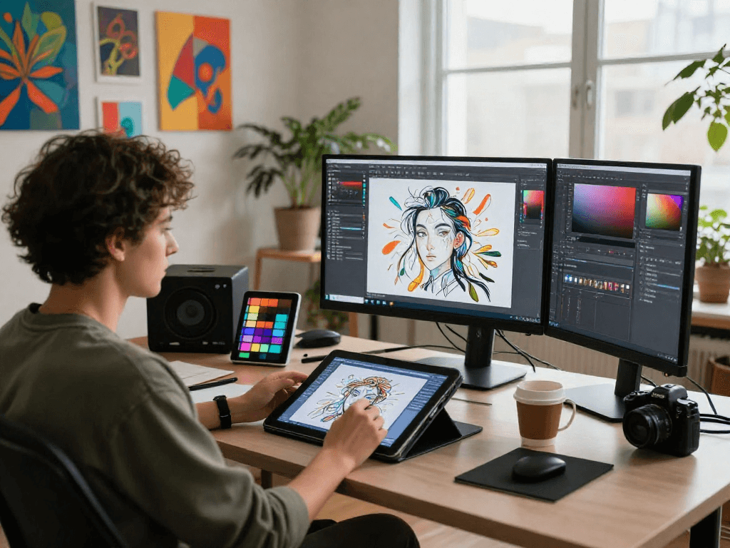 Artist creating NSFW AI digital art in a modern studio filled with vibrant artwork.