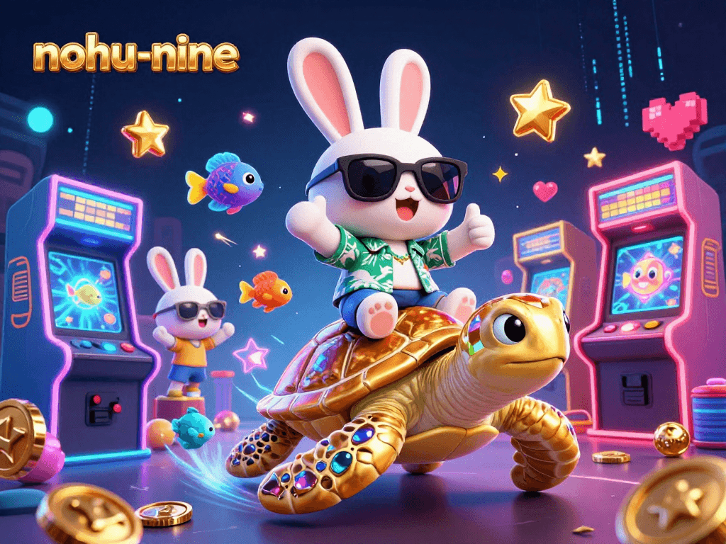 Nohu-nine celebrates gaming excitement with a joyful rabbit and majestic turtle in a vibrant casino-themed illustration.