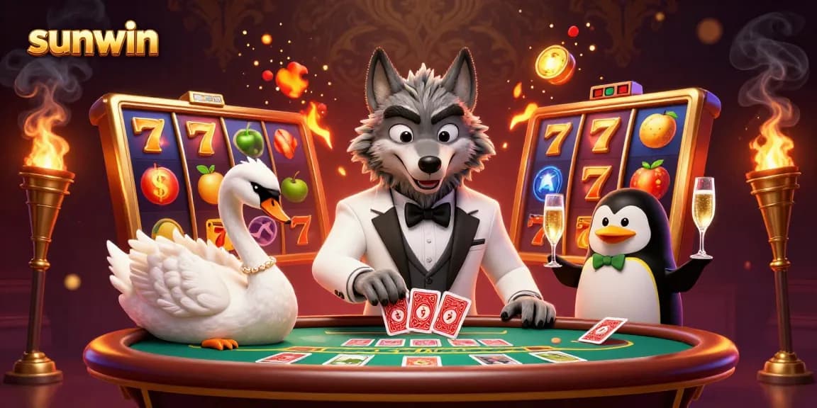 Join the excitement at sunwin with a debonair wolf and elegant swan at a baccarat table