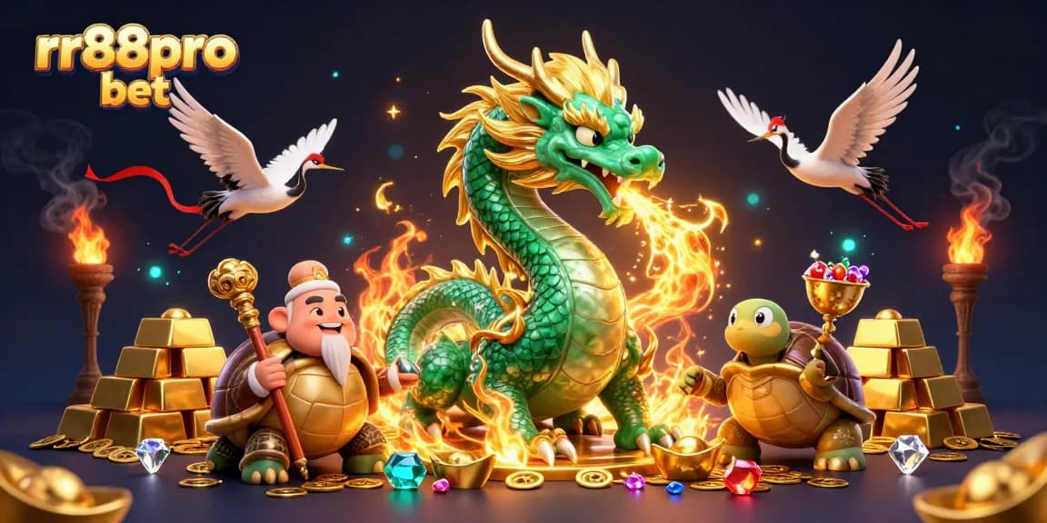 Experience excitement and fortune with rr88pro bet's vibrant 3D dragon and turtle illustration combined with treasure elements.