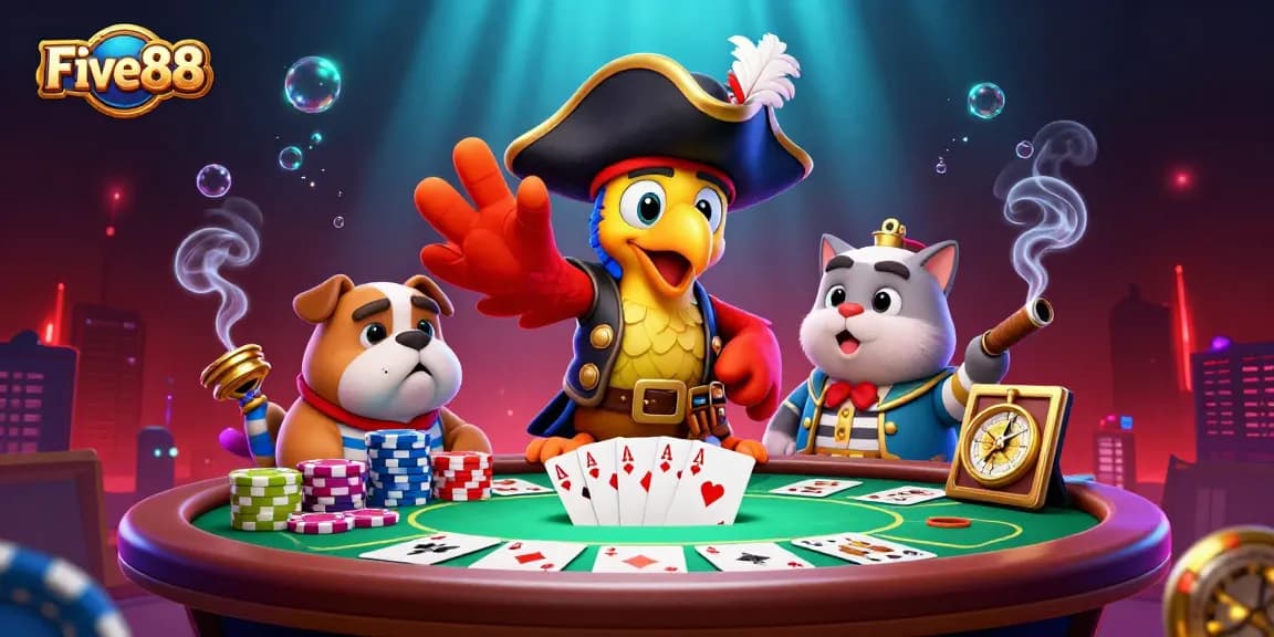 Engage in thrilling gaming with Five88's vibrant 3D pirate-themed gambling scene.