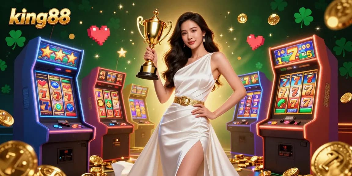 Experience king88's vibrant slots with a confident female champion amidst rich gaming elements.