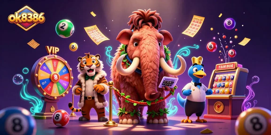 Experience the thrill at ok8386 with vibrant lottery elements and lively characters in a dazzling casino scene.