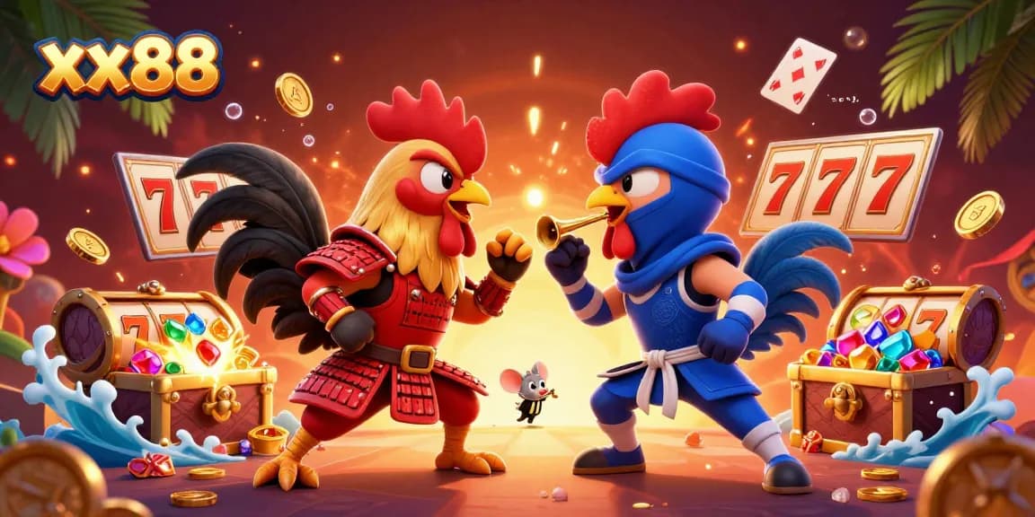 Experience the thrill of xx88 casino with dynamic cartoon roosters battling amidst vibrant gaming elements.