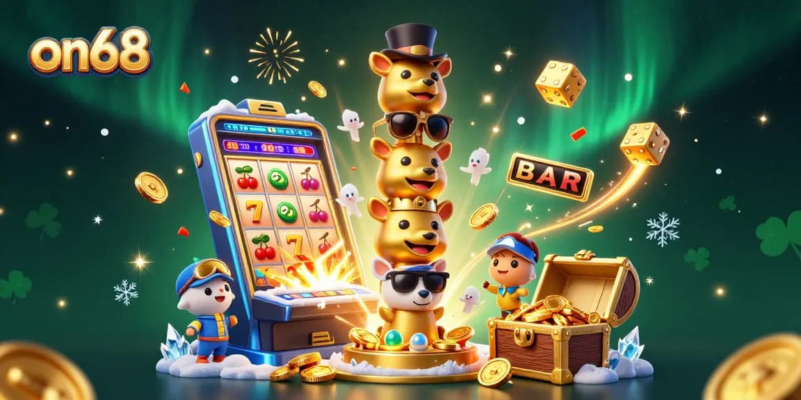 Experience thrilling gameplay with on68's colorful 3D casino elements bursting with jackpots and excitement.