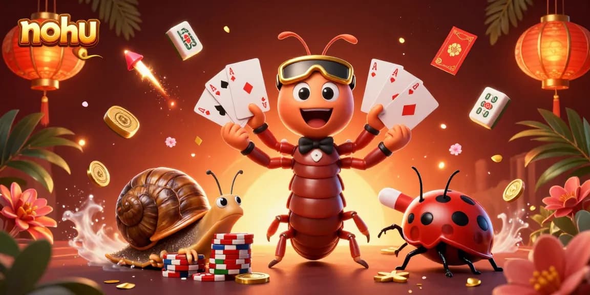 Experience the vibrant action of nohu as a cartoon millipede dealer showcases a dazzling array of playing cards.