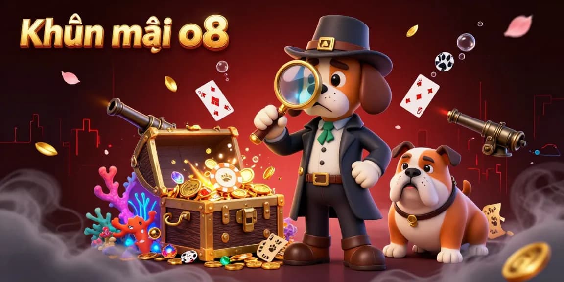 Engage with Khuyến mãi o8 through this captivating illustration of a detective exploring treasure clues in a casino-themed adventure.
