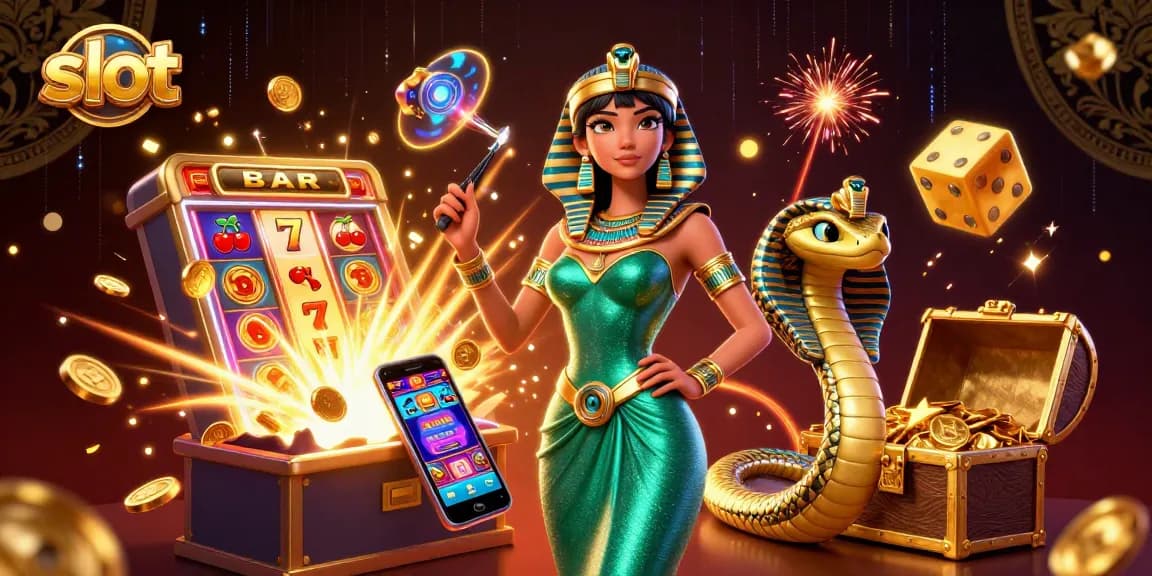 Spin the reels on a vibrant slot machine, revealing jackpot symbols and golden treasures.