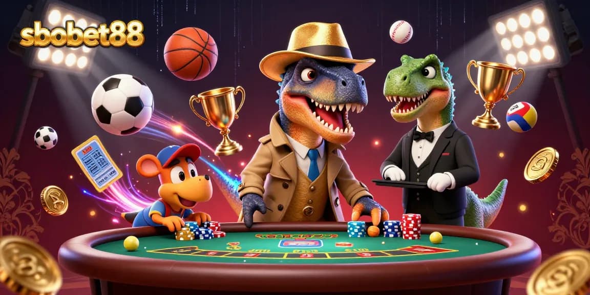 Experience sbobet88 betting adventures with a humorous 3D velociraptor card counter at the blackjack table.