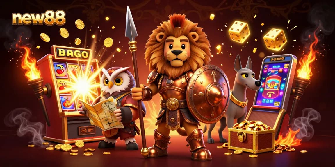 Experience thrilling wins at new88 with an energetic scene of a Spartan lion and gaming elements.