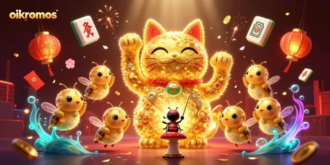 Experience the excitement at oikonomos with a vibrant casino-themed illustration featuring golden fireflies.