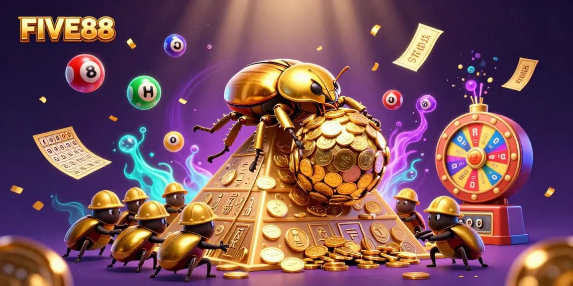 Engage with FIVE88's dynamic gaming experience featuring vibrant lottery elements and a playful scene.