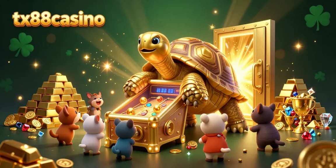 Join the fun at tx88casino with our colossal tortoise pinball machine and treasure-filled scene!