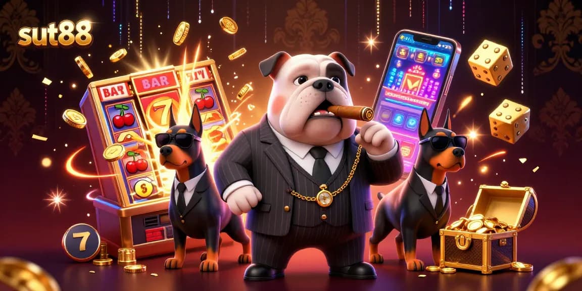 Sut88 casino-themed illustration showing a mafia bulldog and Doberman bodyguards with slot machines and jackpot symbols.