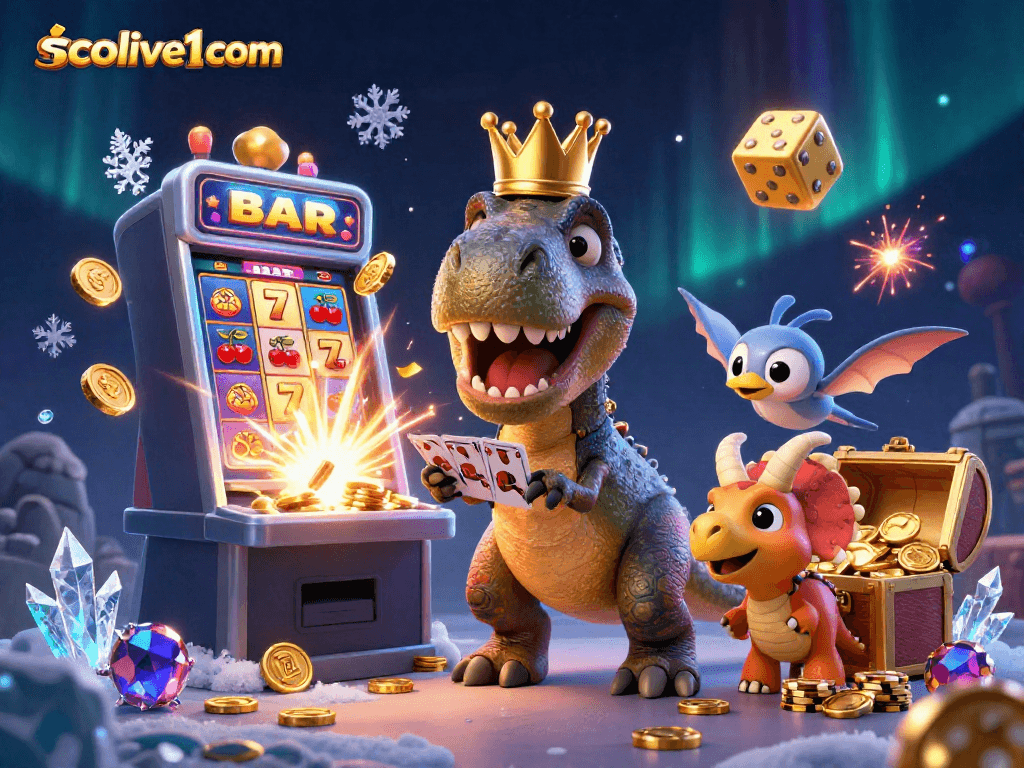 Socolive1 com showcases a 3D T-Rex playing cards with a golden crown, surrounded by vibrant casino elements.