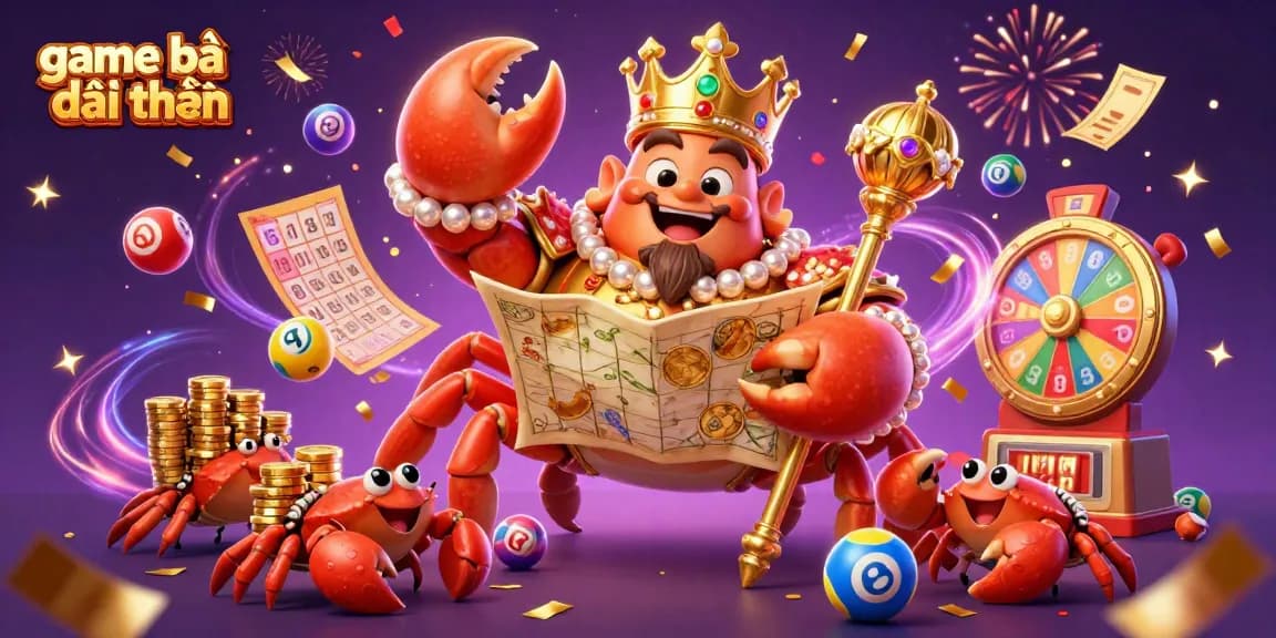 Experience game bài đổi thưởng through a vibrant 3D casino scene featuring a golden crab emperor and dynamic game elements.