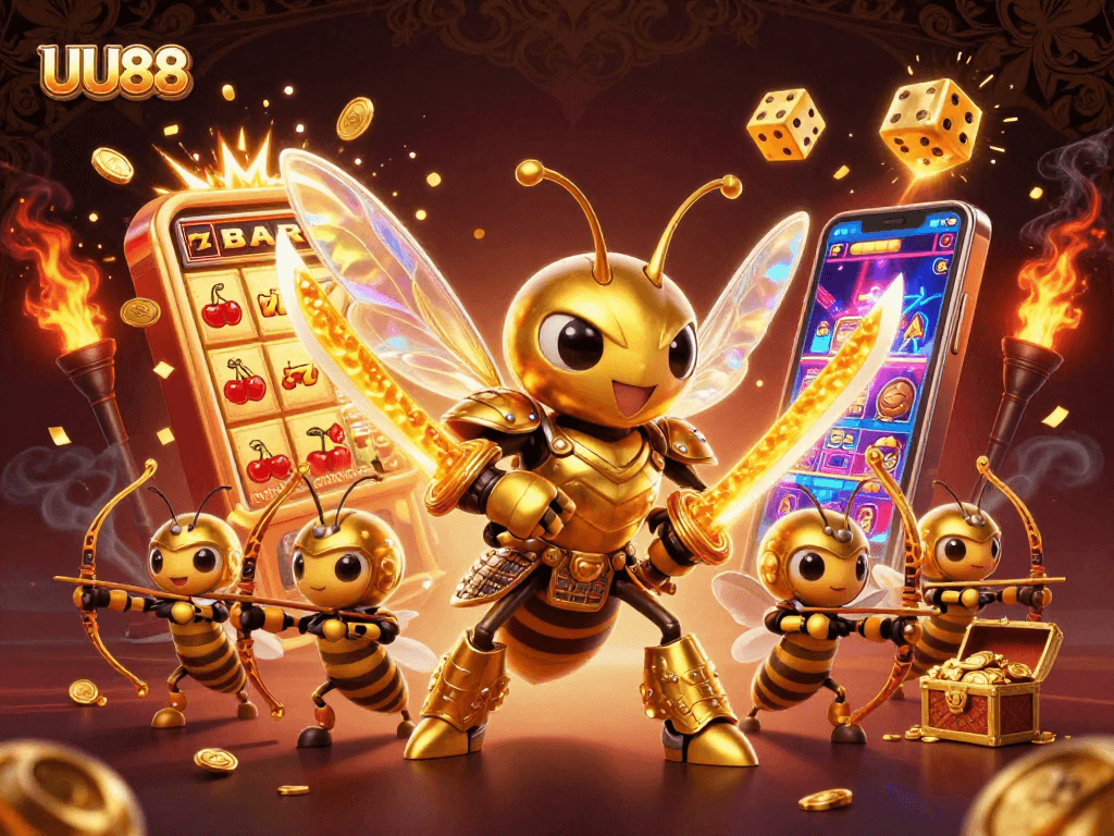 UU88 showcases a thrilling scene of a golden hornet and bee archers celebrating a jackpot explosion at an online casino.