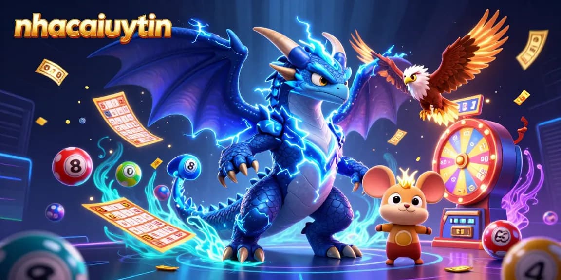 Engage with exciting games at nhacaiuytin, featuring lively lottery balls, a dynamic dragon, and vibrant casino elements.