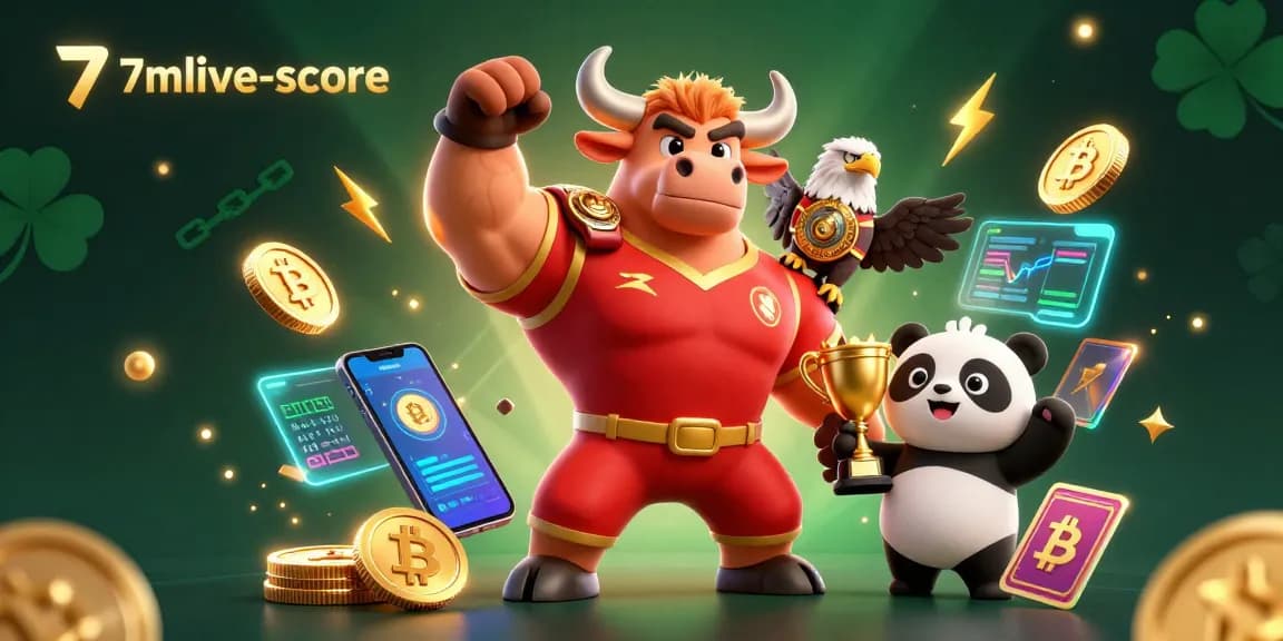 Celebrate wins with 7mlive-score in this energetic casino scene featuring unique characters and crypto elements.