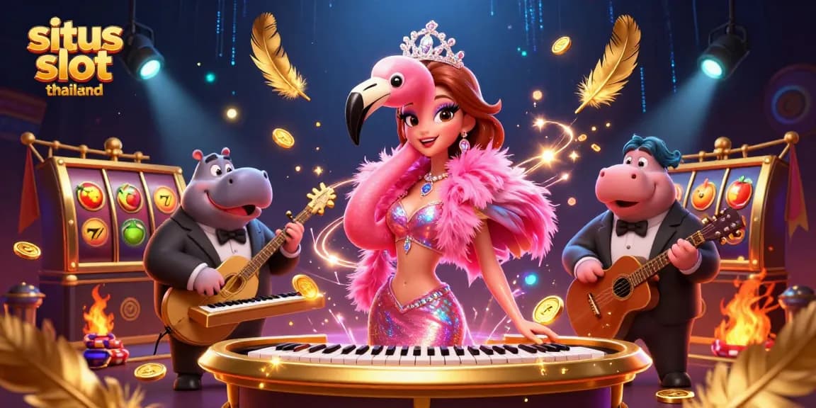 Experience thrilling gameplay at situs slot thailand with vibrant characters amidst slot machines and golden coins.