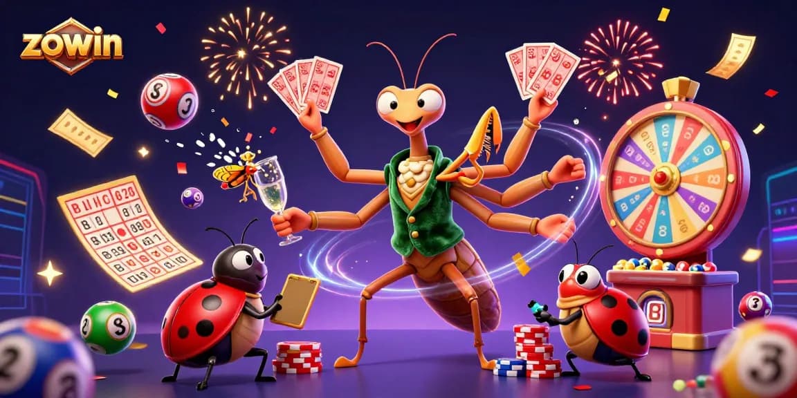 Zowin celebrates with a vibrant lottery scene featuring lively characters and assorted game elements.