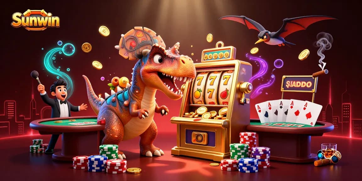 Sunwin players enjoying a jackpot win, with coins swirling amidst 3D cartoon dinosaurs in a vibrant casino