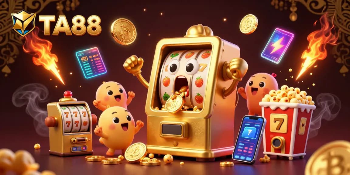 TA88 slot machine celebrates its jackpot, surrounded by cheering baby slots and crypto elements.