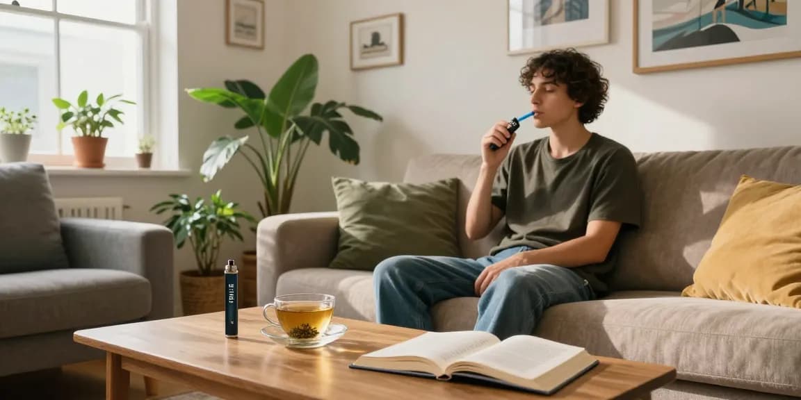 strong thc vapes uk presented in a cozy urban setting with a stylish vape pen, emphasizing natural wellness and relaxation.