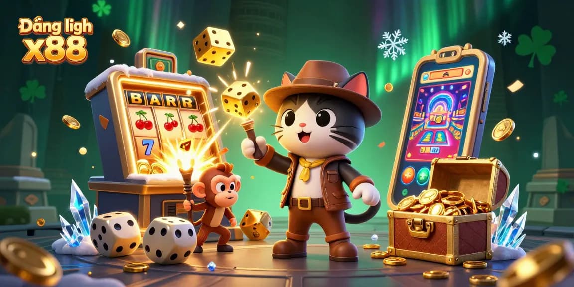 Engage with Đăng nhập x88 as the explorer cat uncovers a golden casino artifact amidst vibrant gaming elements.