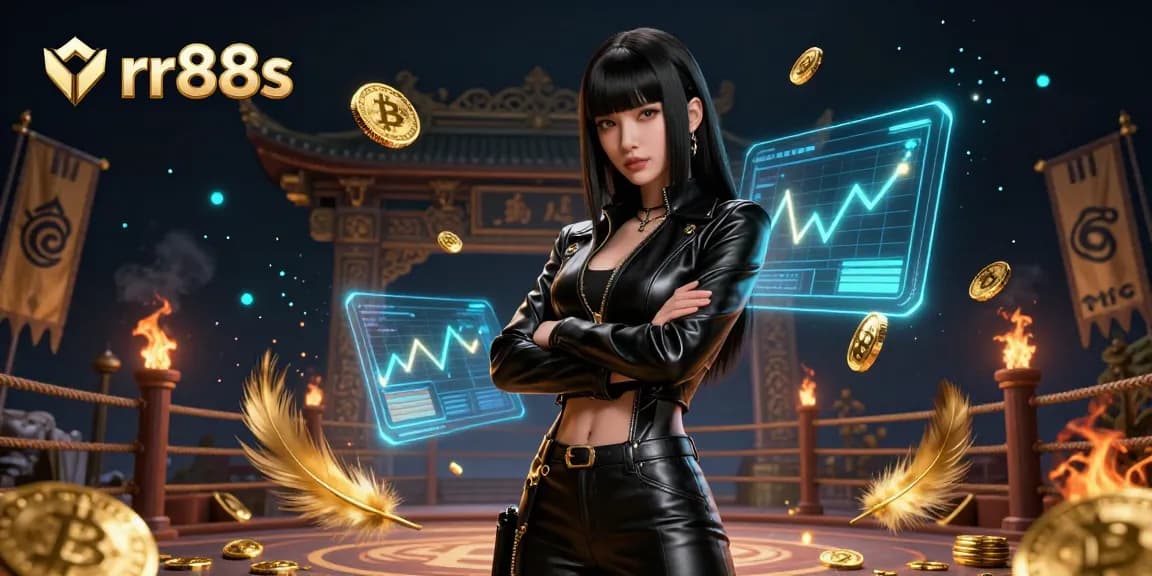 Experience thrilling gameplay at rr88s with a stunning Asian woman and vibrant Bitcoin holograms.