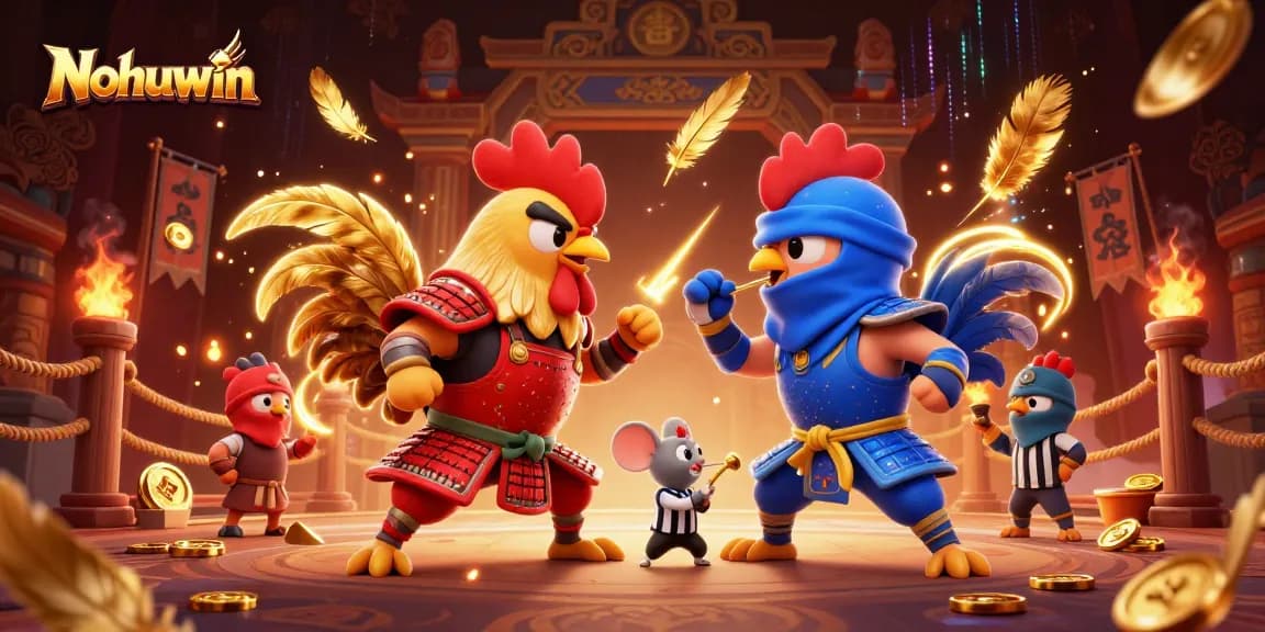 Nohuwin features dynamic roosters in a dramatic standoff amidst gambling elements and golden treasures.