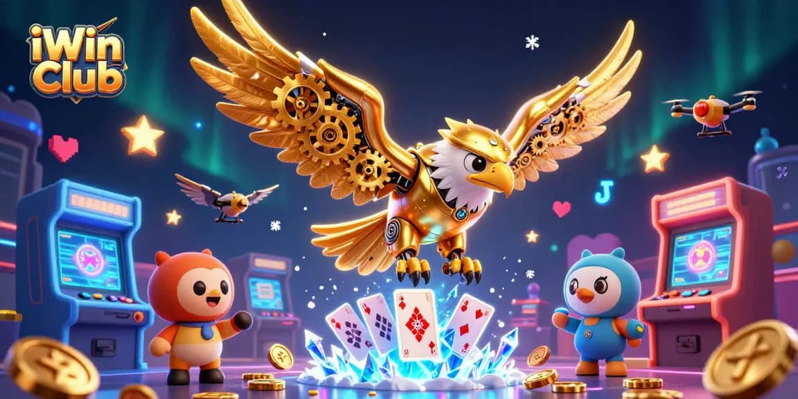 Experience the thrill of iWin Club with a dynamic 3D illustration of a cybernetic golden eagle diving through holographic cards.