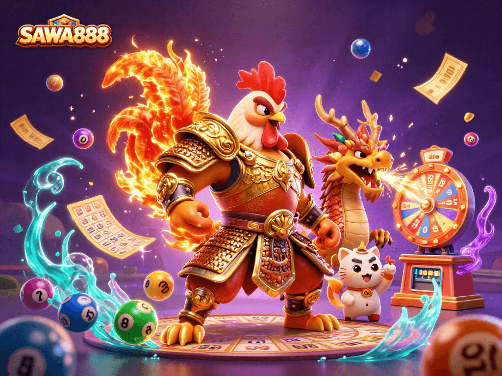 SAWA888 showcases exciting gaming experiences with a powerful rooster warrior and dragon hatchling in a vibrant casino scene.
