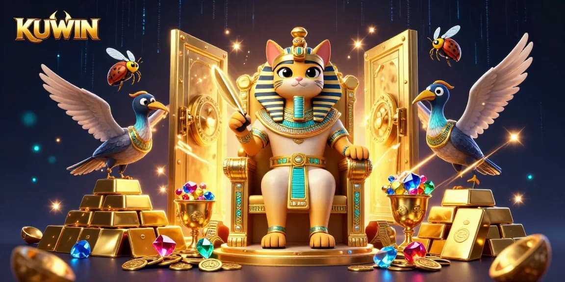 Spin and win big at KUWIN with captivating 3D illustration showcasing rich casino elements and playful characters.
