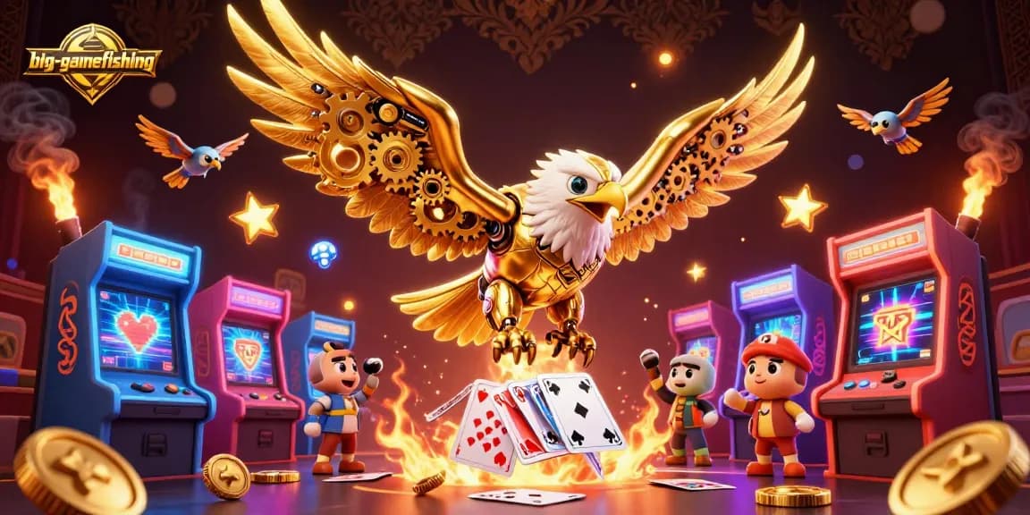Engage in big-gamefishing as a golden eagle dives through holographic cards amidst arcade games.
