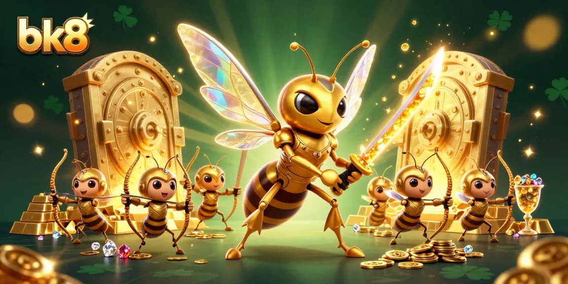 Watch the bk8 giant hornet conquer treasures in this vibrant casino-themed illustration.