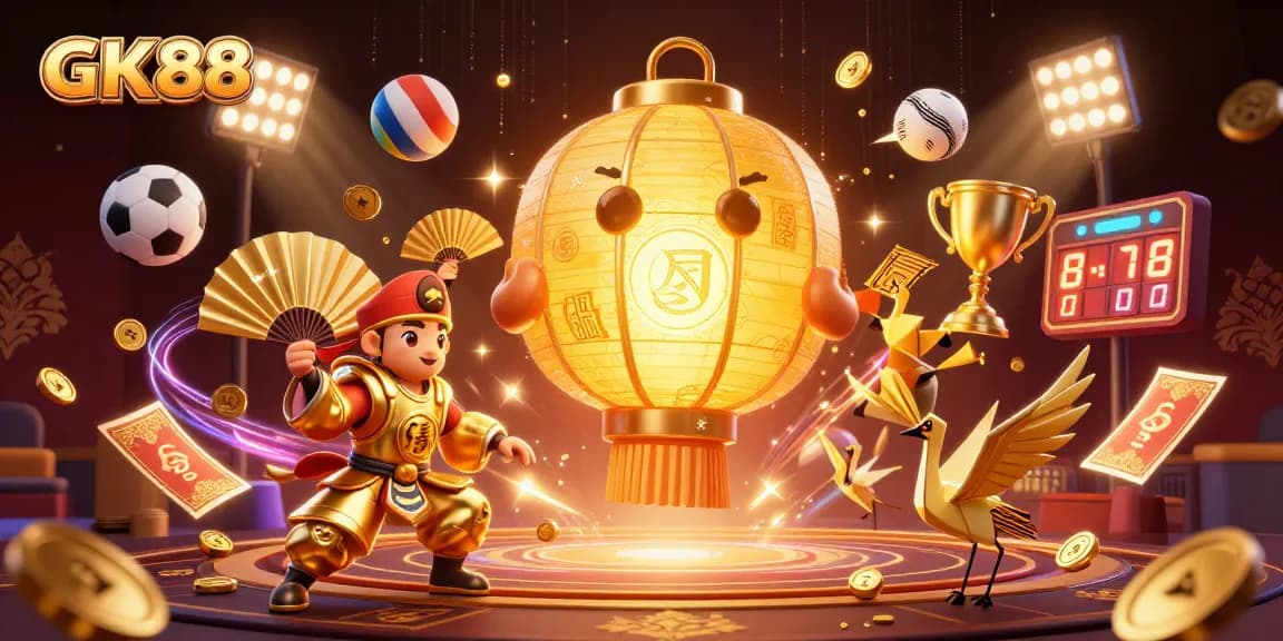 Betting with GK88: A glowing golden lantern spirit guides players through a vibrant casino.