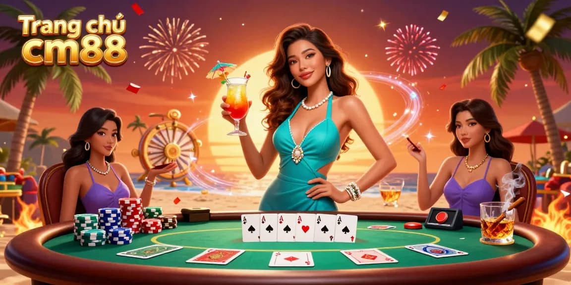 Engage with Trang chủ cm88 while enjoying a vibrant casino scene with poker elements and celebratory visuals.