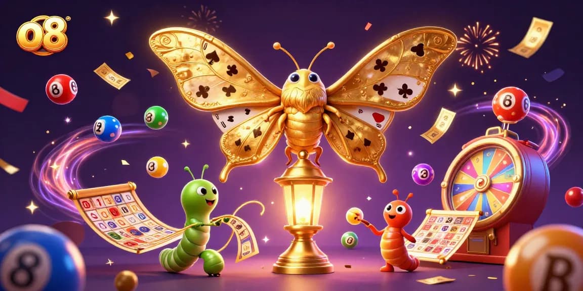 Engage in gaming excitement with o8 as a 3D moth showcases vibrant lottery balls and golden tickets.
