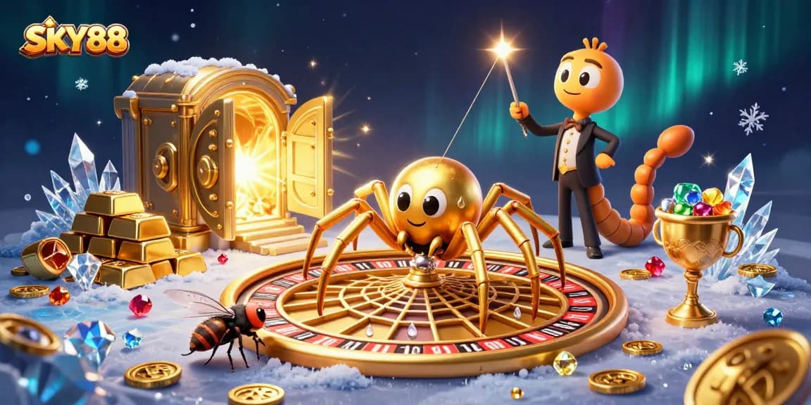 SKY88 showcases a daring fly betting near a roulette web spun by a golden spider.