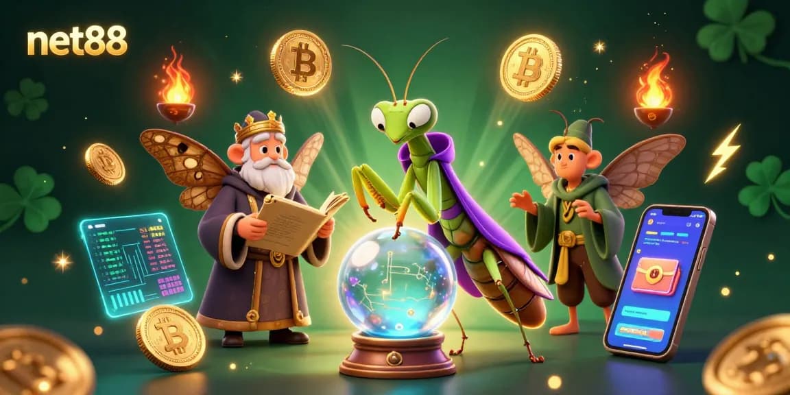 Engage with net88's vibrant betting scene featuring a mystical fortune teller and crypto elements.
