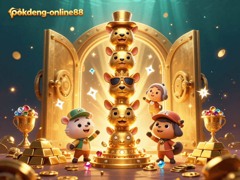Experience the thrill of winning at pokdeng-online88 with the vibrant totem and treasure scene.