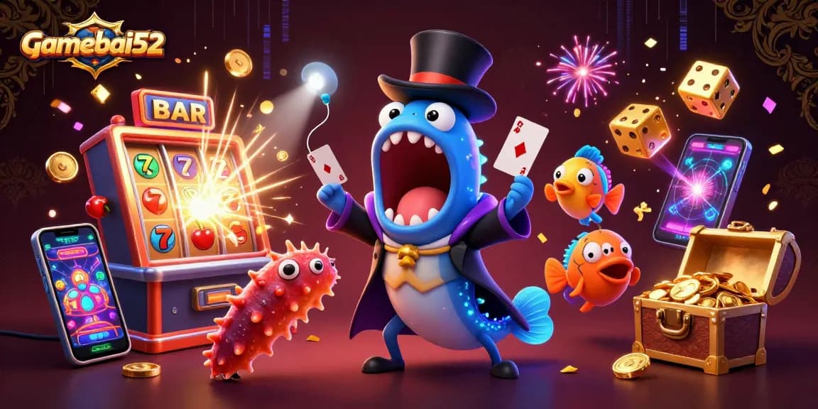 Experience thrilling card magic in gamebai52's exciting casino scene featuring unique underwater characters.