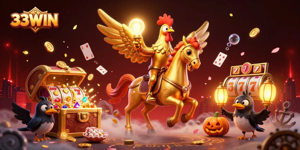 Engage in thrilling gaming at 33WIN's dynamic casino with golden rooster mascot.