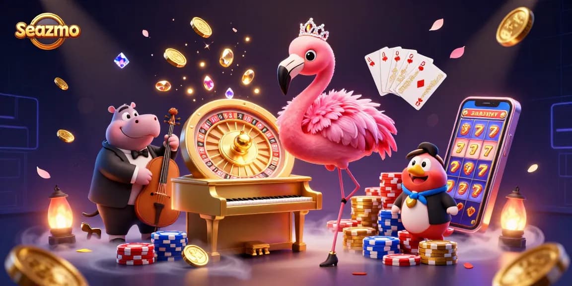 Seazmo showcases a vibrant casino scene with a flamingo singer, hippo bassist, and dynamic gambling elements.