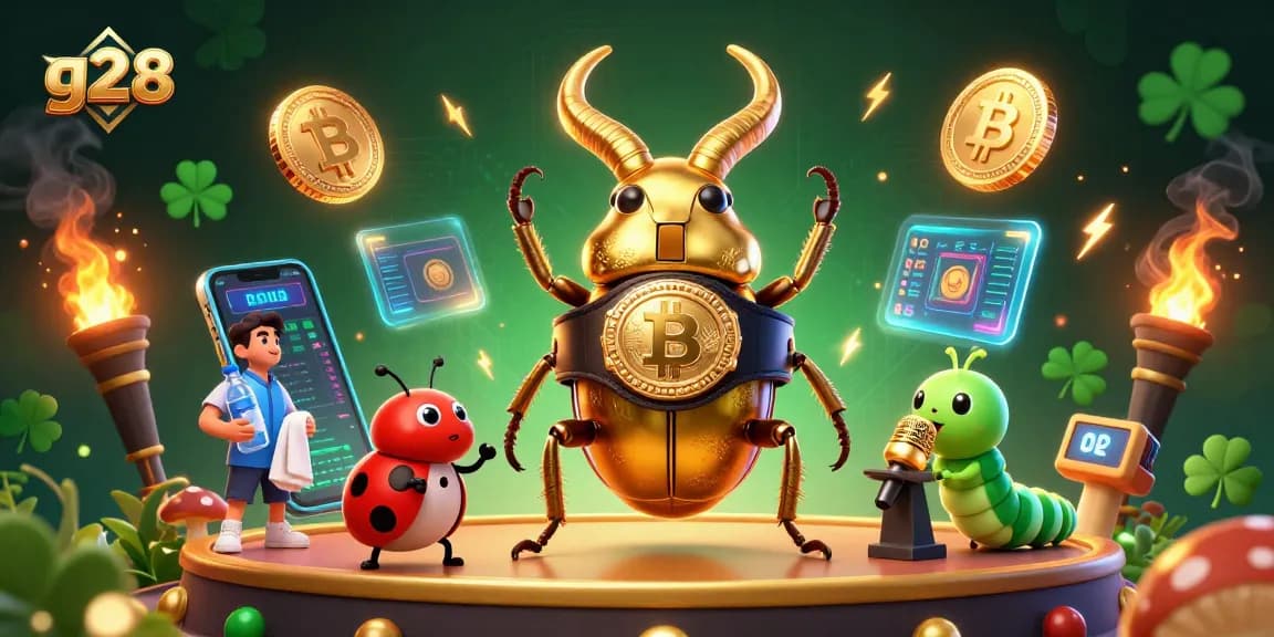 Experience the exciting action of g28 with interactive 3D elements, showcasing vibrant characters and crypto coins.