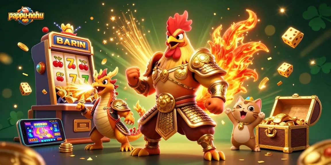 Pappu-nohu game adventure showcasing a samurai rooster warrior and dragon mascot celebrating a jackpot.