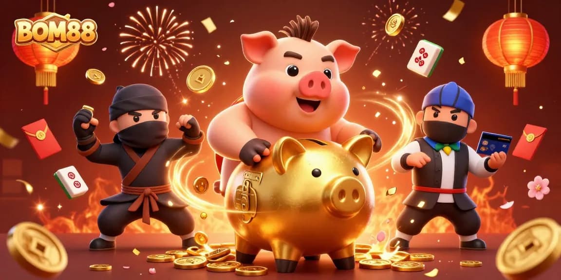Experience the thrilling world of BOM88 with dynamic casino character action and festive elements.