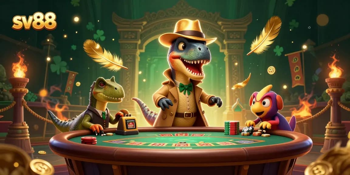 sv88 card counter in a casino scene with a dinosaur pit boss and chip thief.
