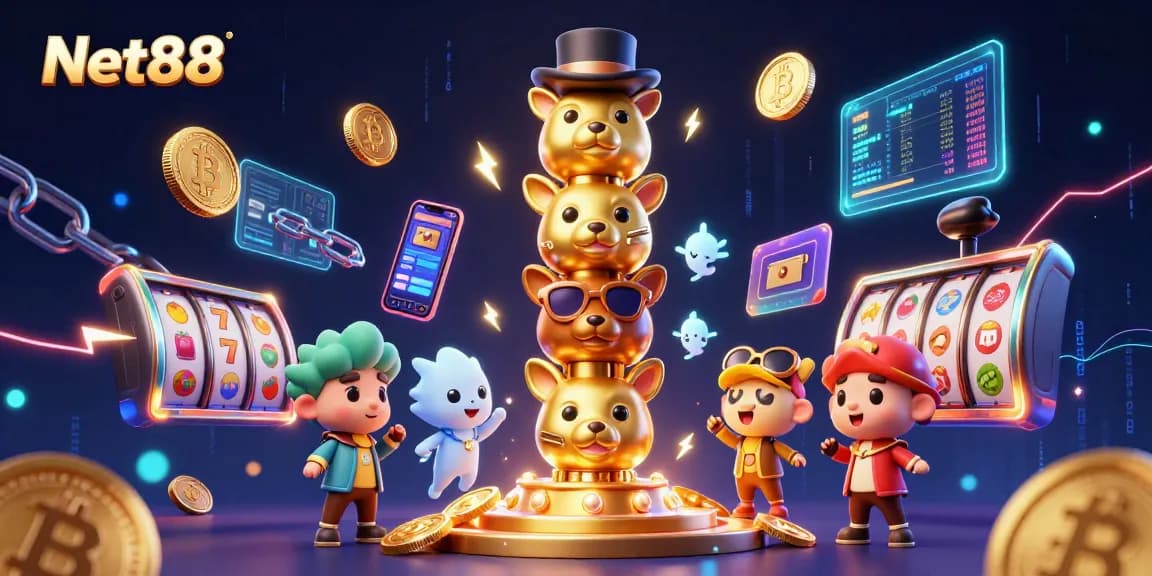 Engage with the vibrant Net88 casino illustration featuring dynamic gaming elements and a golden totem pole.